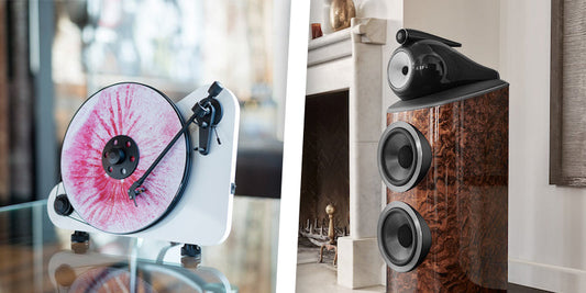 An image containing a Pro-Ject VTE turntable on the left and a Bowers & Wilkins 801 D4 Signature on the right