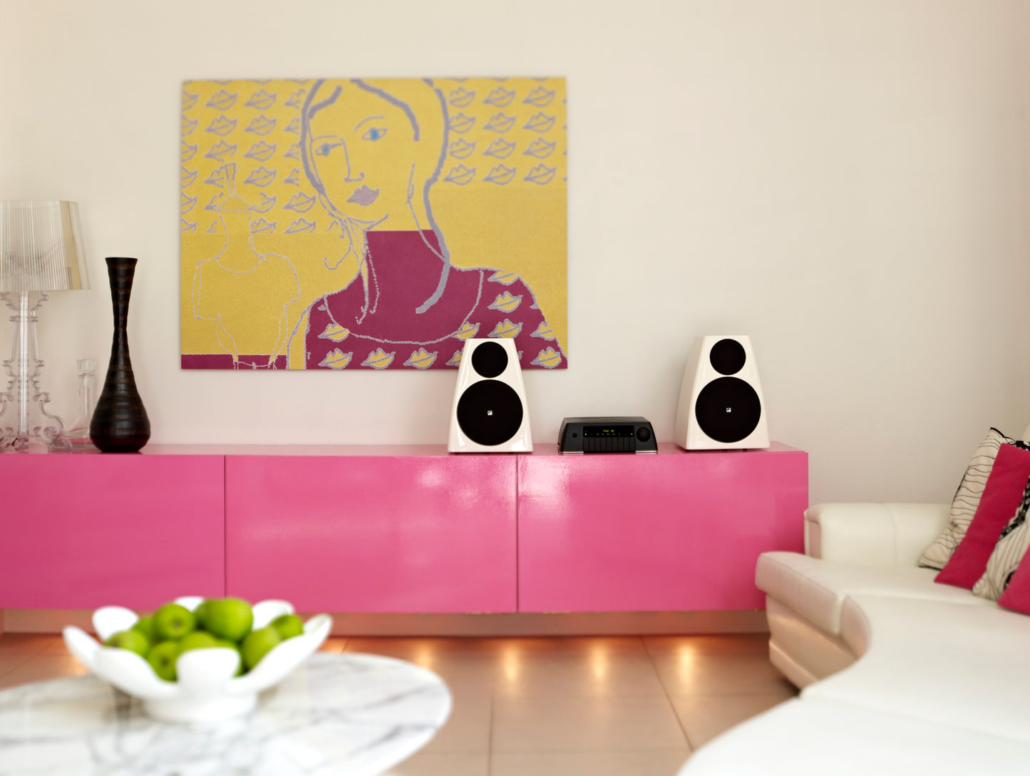 Lifestyle Image of the Meridian DSP3200 Speakers in Gloss White