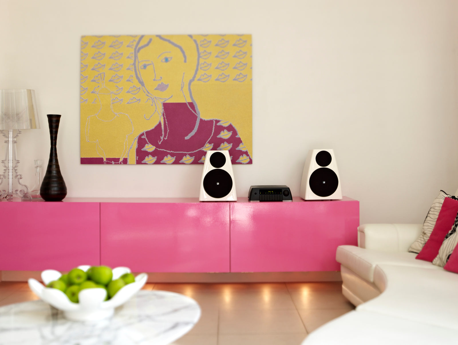 Lifestyle Image of the Meridian DSP3200 Speakers in Gloss White