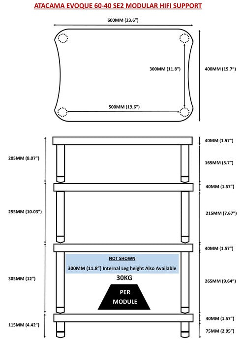 Technical Diagram of the 4 tier Atacama Evoque Eco 60-40 SE2 Hi-Fi Rack