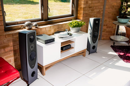 Lifestyle Image of a pair of Rega AYA floorstanding speakers
