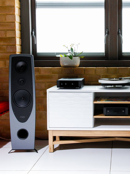 Lifestyle Image of a pair of Rega AYA floorstanding speakers