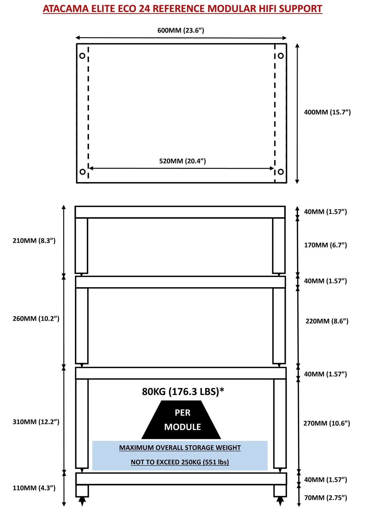 Technical Schematic of the 4 tier Atacama Elite Eco 24 Hi-Fi Rack