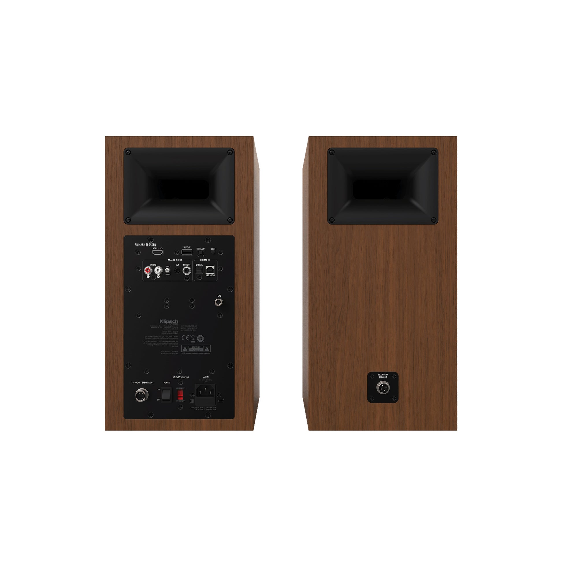 Product Image of the Klipsch The Sevens Powered Bookshelf Speakers Rear Panel in Walnut