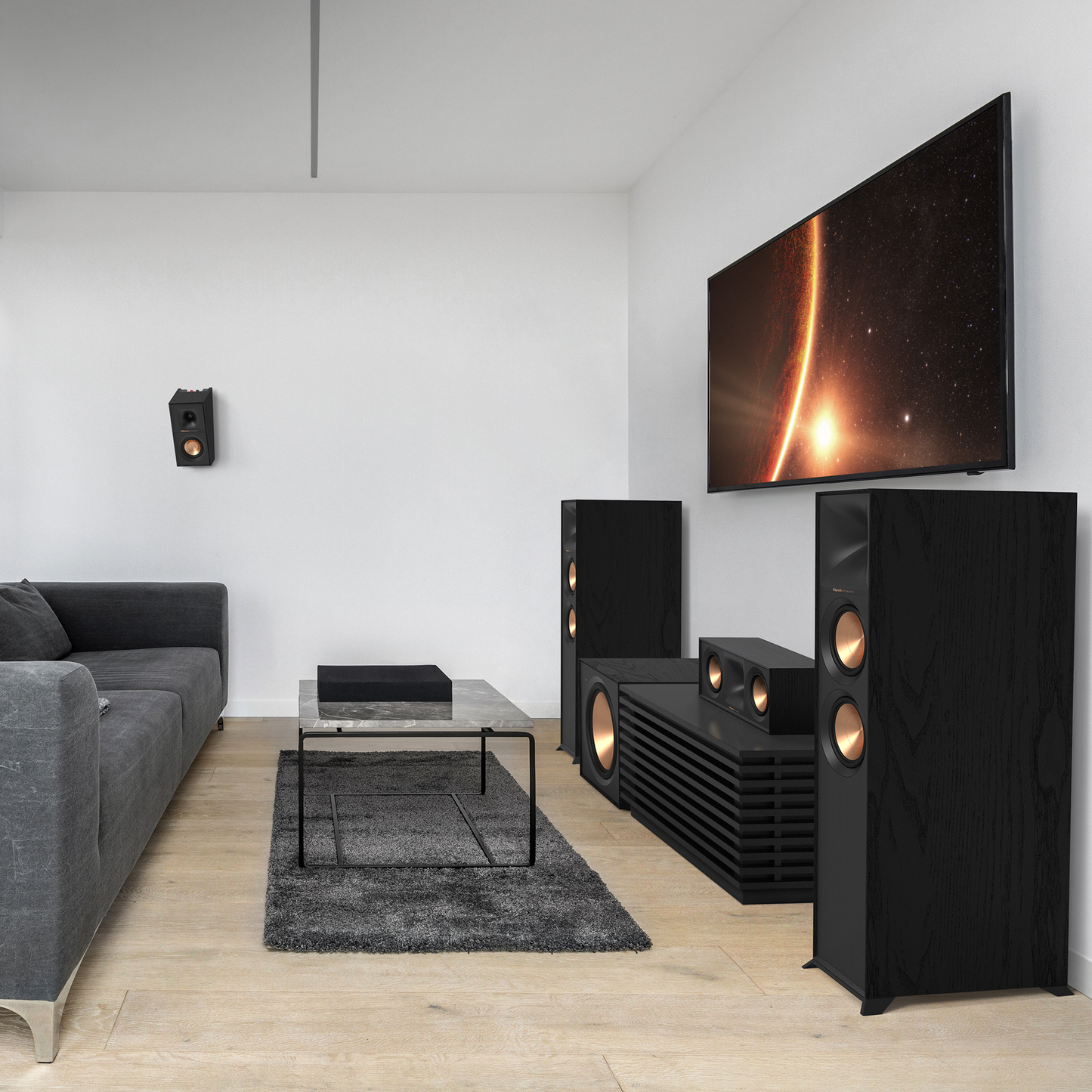 Lifestyle Image of the Klipsch R-605FA Dolby Atmos Floorstanding Speakers
